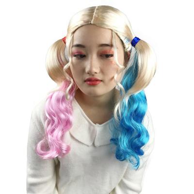 China Natural Suitability Clown Girl Colored Wig Movie Role Play Cheap Fiber Wig Red And Blue Braided Whole Wig For Masquerade Parties for sale