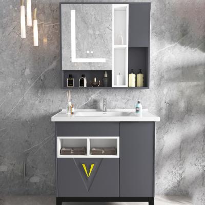 China Modern Exquisite Design Gray Color Cabinet Luxury Bathroom Vanity With Sink And Smart Mirror for sale