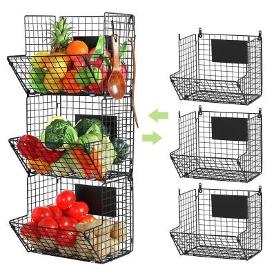 China Stocked Metal Wire Basket Wall Mount 3 Tier Vegetable Fruit Wall Storage Basket with hook for sale