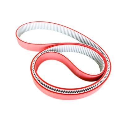 China Cheap packaging transmission belt htd8M PU toothed belt with red rubber and transparent PU for packing machine for sale