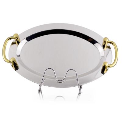 China Sustainable Food Grade 201 Stainless Steel Dish Set Gold Serving Handle Mirrored Decoration Oval Trays for sale