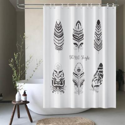 China Boho Sustainable Style Feather Polyester White Black White Shower Curtain With Rings Hooks for sale