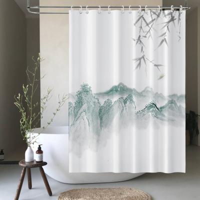 China Sustainable Recycle Use Ink Pattern Green Mountain Polyester Bath Shower Curtain for sale