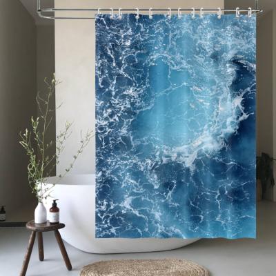 China Sustainable Wholesale 3D Blue Sea Wave Printed Polyester Shower Curtain Set For Bathroom for sale