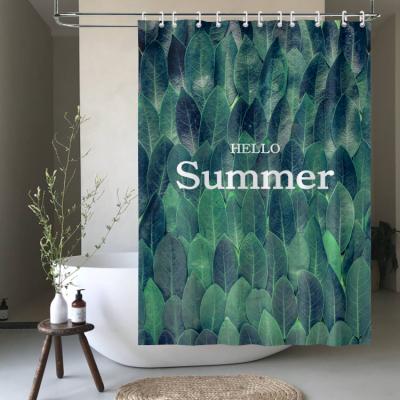 China New Sustainable Dense Tropical Plant Green Leaves Pattern Shower Curtain With Hello Summer Printed for sale