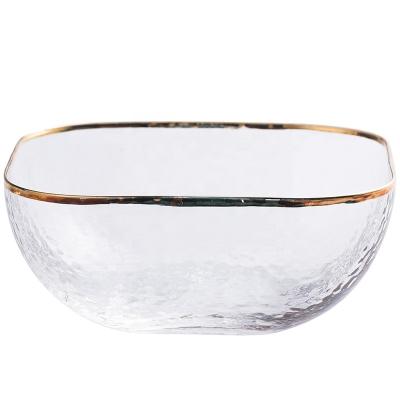 China Viable Gold Fancy Rim Hammered Texture Clear Glass Square Salad Bowl for sale