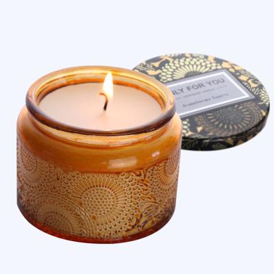 China Relievo Home Wholesale Eco-friendly Candle Flower Plant Lid Metal Jar Candle Decoration Glass Jar for sale