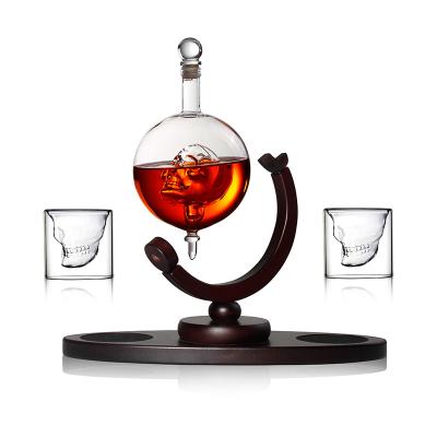 China Wholesale CREATIVE Whiskey Globe Decanter With Wooden Base Shape Liquor Glass Handmade Skeleton Decanter With 2 Cups for sale