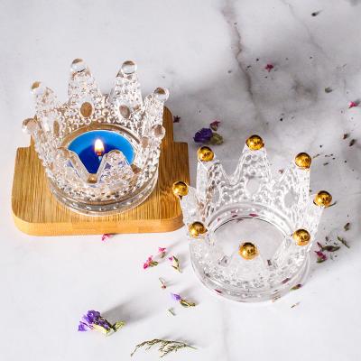 China Wholesale Home Decoration Crown Shaped Clear Crystal Glass Candle Holders With Beaded Gold for sale