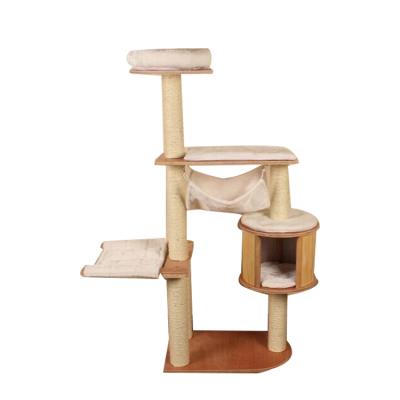 China Large Sustainable Lathe Fashion Sisal Wooden Climbing Cat Tree With Hammock Movable Protection for sale