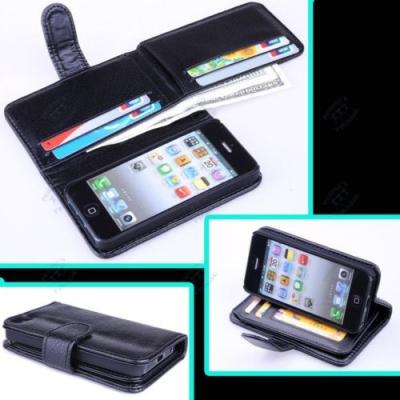 China Luxury Card Holder Flip Wallet Leather IPhone 5 Protective Case For 5S Black for sale