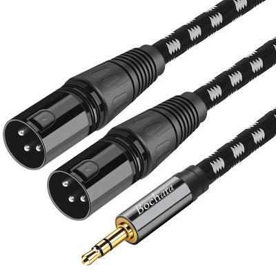 China Bochara speaker braided 3.5mm Jack Male stereo to dual XLR OFC male audio cable than aux. Foil+Braided shielded 1.5m 3m for sale