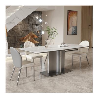 China Adjustable (other) Light luxury dining table modern minimalist household stainless steel slate dining table Golden Marble dining table for sale