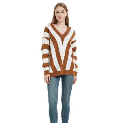 China Anti-Wrinkle Women's Pullover Sweater Long Sleeve V-Neck Striped Sweater for sale