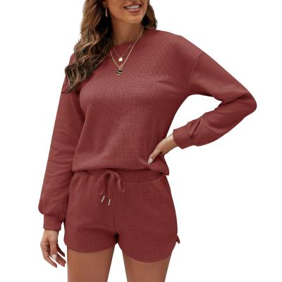 China Anti-pilling Autumn Women Waffle Knitted Long Sleeve Tops And Shorts Jumper Pajama Set With Pockets for sale