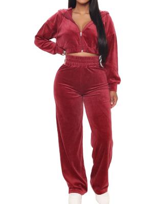 China Breathable Women Velvet Hoodies Crop Jacket Top Wide Legging Pants Women Velvet Sweatsuit Panty Two Piece Set for sale