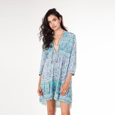 China Boho Floral Print Mini Dress Anti-Static Blue V-Neck 3/4 Sleeve Women Dresses New Season Summer Style Bohemian Beach Loose Dresses for sale