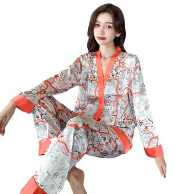 China Women's breathable pajamas set large size thin silk net red suit wholesale women's silk pajamas spring and autumn new home service for sale