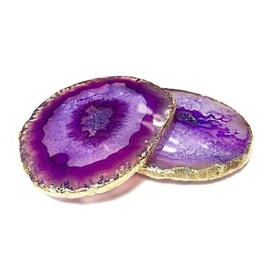 China China Natural Polished Round Agate Slices Gold Slices Crystal Stone Agate Coaster With Rim For Coffee House for sale