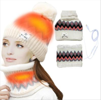 China Outdoor sport COMMON wholesale winter JOINT colorful OEM rechargeable battery for women scarf and hat costume two-piece hat passionate scarf for sale