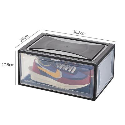 China Custom Front Plastic Sneaker Box Stackable Sneaker Sneaker Storage Box Foldable White Acrylic Black Magnetic Drop Shoe Box en venta