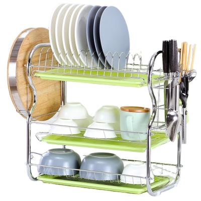 China Multifunctional Viable Drainage Rack Three Tier Kitchen Storage Rack 3 Layer Chrome Dish Drain Shelf Cup Cutlery Dish Holders for sale