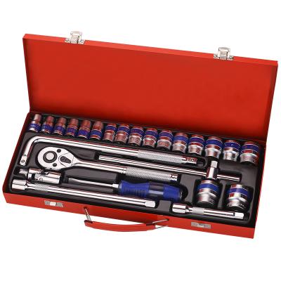 China Automotive Service SRUNV Tool Kit 25pcs 1/2 inch 6point Sockets Complete Tool Kit with Ratchet Wrench in Iron Box for sale