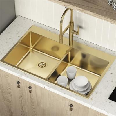 China Without Faucet Factory Price OEM ODM Gold Stainless Steel Modern Rectangular Double Sinks For Kitchen for sale