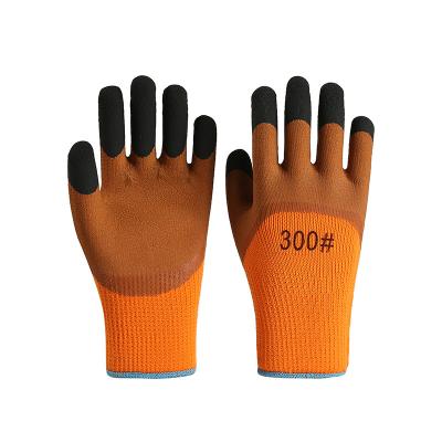 China Duarble Coffee Latex Comfortable Dip Gloves Double Rubber Foam Coated Increase Finger Warm Durable Winter Work Gloves for sale