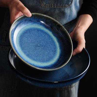 China Viable High Quality Heat Resistant Blue Deep Soup Dinner Dishes For Weddings Embossed Ceramic Porcelain Pottery Dish for sale