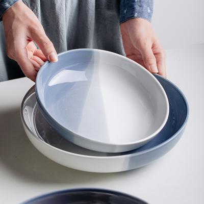 China Viable Factory Restaurant Gradient Wholesale Gray Blue Shallow Ceramic Bowl Ramp for sale