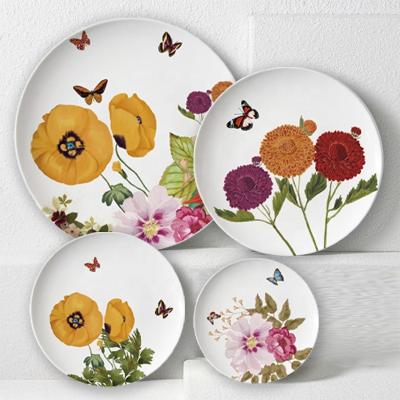 China Sustainable Natural Ceramic Colorful Flowers Wedding Hotels Dessert Dish High Hard Porcelain Dishes Dinner Set for sale