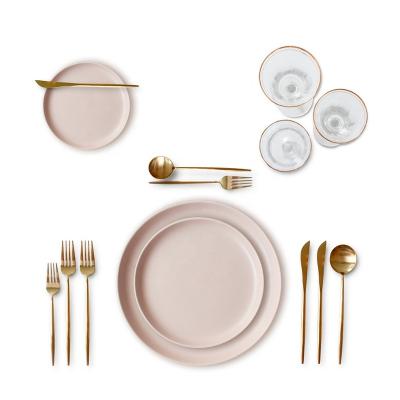 China Sustainable Colorful Ceramic Pink Color Suitable For Hotels Porcelain Dishes Stoneware Dishes Dinner Set for sale