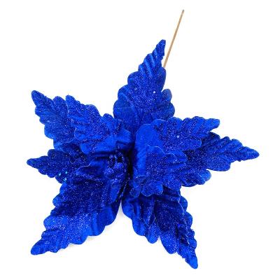 China Large Christmas Glitter Flower Head Artificial Flower Minimalist Blue Decorative Poinsettia Flowers For Christmas Decor for sale