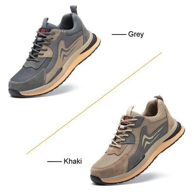 China Gray /khaki Fly Toe Steel Armor+Pig Skin Sport Safety Breathable Industrial Lightweight Work Shoes With Laces For Men for sale