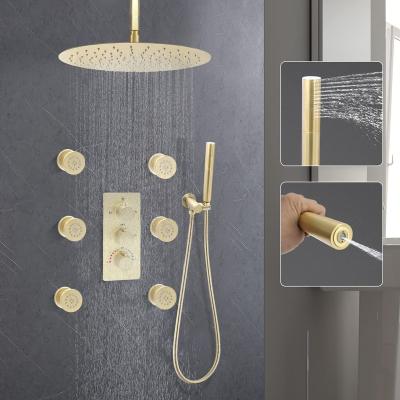 China Without Sliding Bar Swept Gold Rain Shower System With Body Sprays 16 Inch Round Body Rainfall Shower System Spray Ceiling Mounted Thermostatic for sale