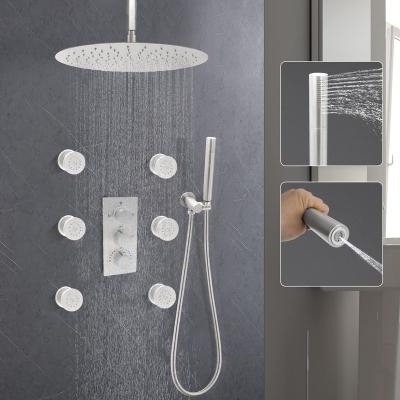 China Without Slide Bar Brushed Nickel Round Rain Shower System With Body Jets 16 Inch Full Body Rain Shower System With 2 Mode Handheld for sale