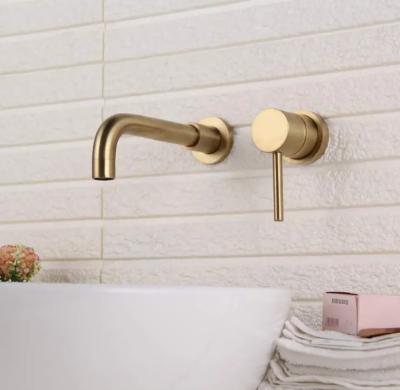 China Wall Mounted Brass Bathroom Sink Faucets Hotel Two Hole Metered Single Handle Taps Brushed Gold Basin Faucet for sale