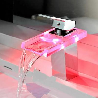 China Bathroom Metered Glass Basin Faucet Sink Spout Faucet 3 Colors LED Light Hot And Cold Waterfall Waterfall Mixer Tap for sale