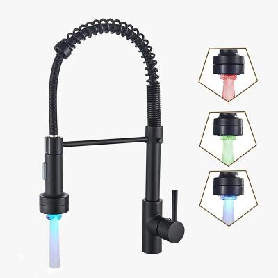 China Matte Black Single Handle LED Light Stainless Steel Spring Kitchen Faucet Commercial Kitchen Sink Faucet With Pull Down Sprayer for sale