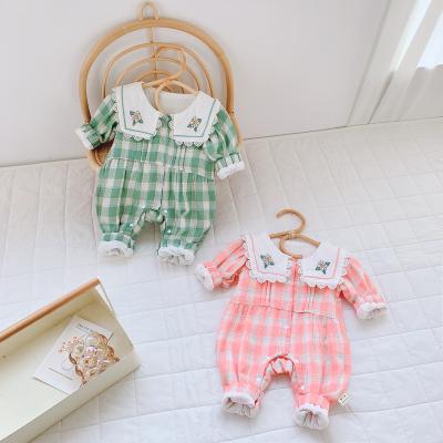 China 2022 Wholesale 2022 Spring Toddler Girls Long Sleeve Lace Romper 100% Cotton Embroider Turn Down Collar Baby Cotton Jumpsuit for sale