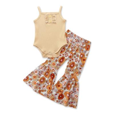 China 2022Soft Spring and New Summer Bell-Bottom Suspender Romper+Floral Pants Two-Piece Set for sale