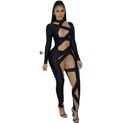 China New Coming 2022 Viable Plus Size Overalls Women Hollow Out Bandage Mesh One Piece Bodycon Transparent Overalls For Club for sale