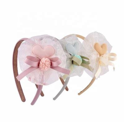 China Wholesale Price Sweet Fashionable Korean Design Simple Solid Color Handmade Headband Decorated Yarn Flower Ribbon Bow Heart Ornaments for sale