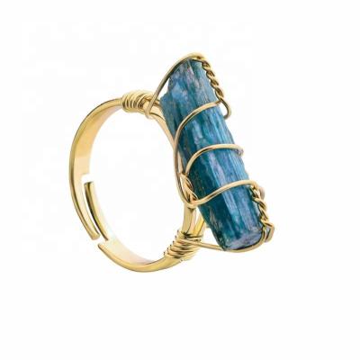 China Wholesale FASHIONABLE Irregular Natural Decorative Raw Cut Euclase Crystal Handmade Wired Stone Gold Plated Open Rings Adjustable Jewelry for sale