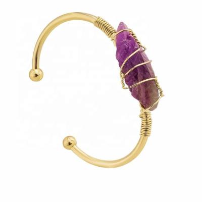 China Wolesale Large Irregular Natural Raw Cut Handmade Wrap Crystal Open Adjustable Bangles Amethyst Wire Gold Plated Crystal Jewelry for sale