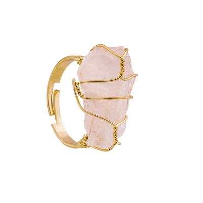 China Wholesale FASHIONABLE Irregular Natural Decorative Raw Cut Rose Quartz Energy Crystal Handmade Wired Stone Gold Plated Open Adjustable Rings for sale