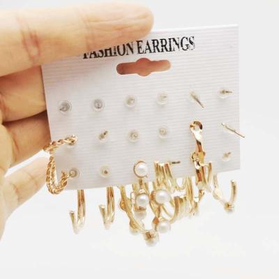 China FASHIONABLE European and American metal border earrings exaggerated c-shaped personality Autumn And Winter Pearl Earrings 9 pairs set for sale