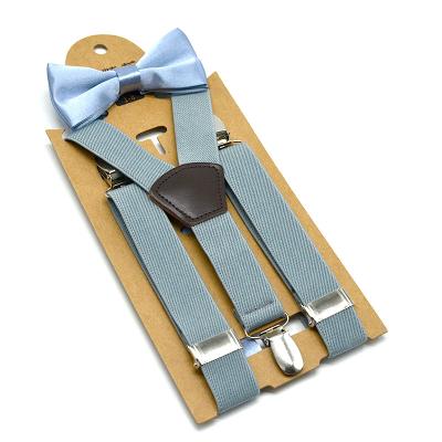 China Polyester Gray Suspenders Bow tie Set for Kids Solid Pattern Y Shape Polyester Material Butteefly Suspenders Set Suit for 1-8 Years for sale