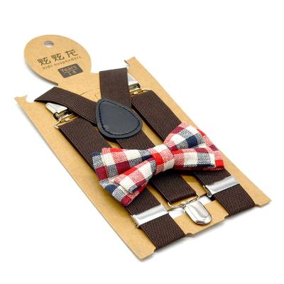 China Polyester High Grade suspenders bow tie set kids brace tie set suit fot 80-130 height polyester material 65cm length 3 clips polyester for sale